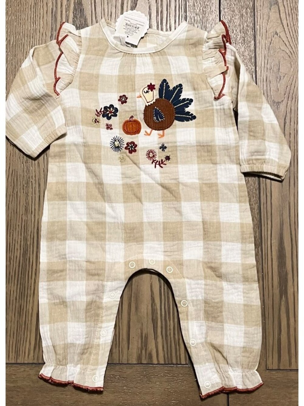Mud Pie 6m 9m NWT Thanksgiving turkey fall romper jumpsuit applique gingham